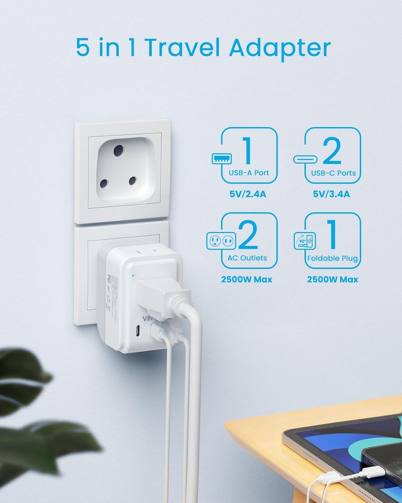 VINTAR محول قابس من جنوب أفريقيا 1 عبوة، نوع M القابل للطي مع 2 مخرج AC و 3 منافذ USB (2 USB C)، أساسيات السفر إلى أفريقيا من الولايات المتحدة إلى جنوب أفريقيا ناميبيا نيبال ماليزيا - Image 4